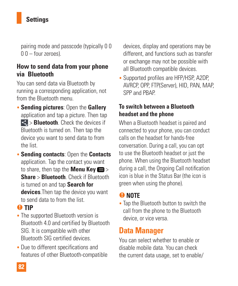 Data manager | LG LGD950 User Manual | Page 82 / 136