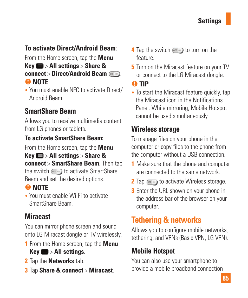 Tethering & networks, Smartshare beam, Miracast | Wireless storage, Mobile hotspot | LG LGD950 User Manual | Page 85 / 136