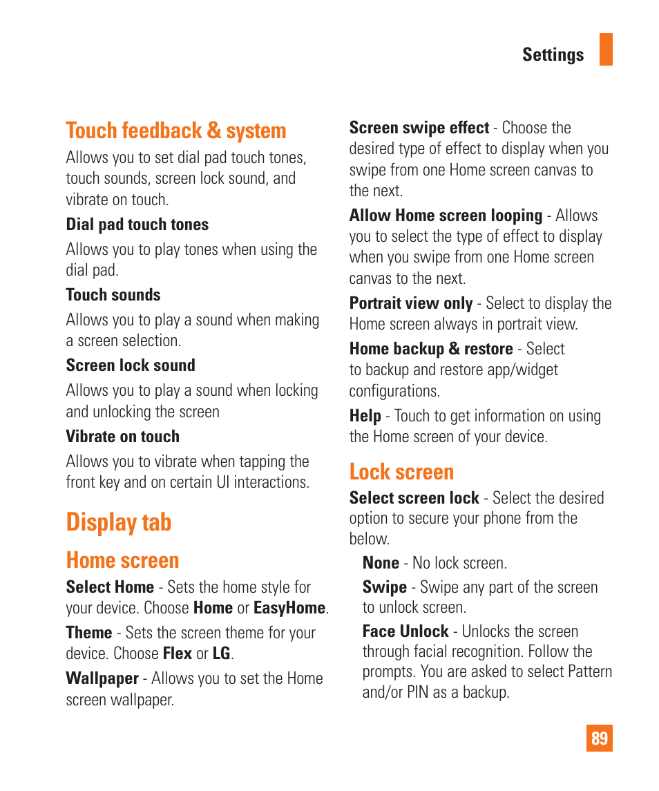 Touch feedback & system, Display tab, Home screen | Lock screen | LG LGD950 User Manual | Page 89 / 136