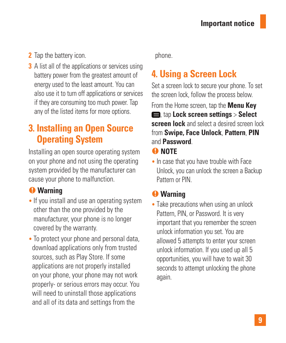 Installing an open source operating system, Using a screen lock | LG LGD950 User Manual | Page 9 / 136