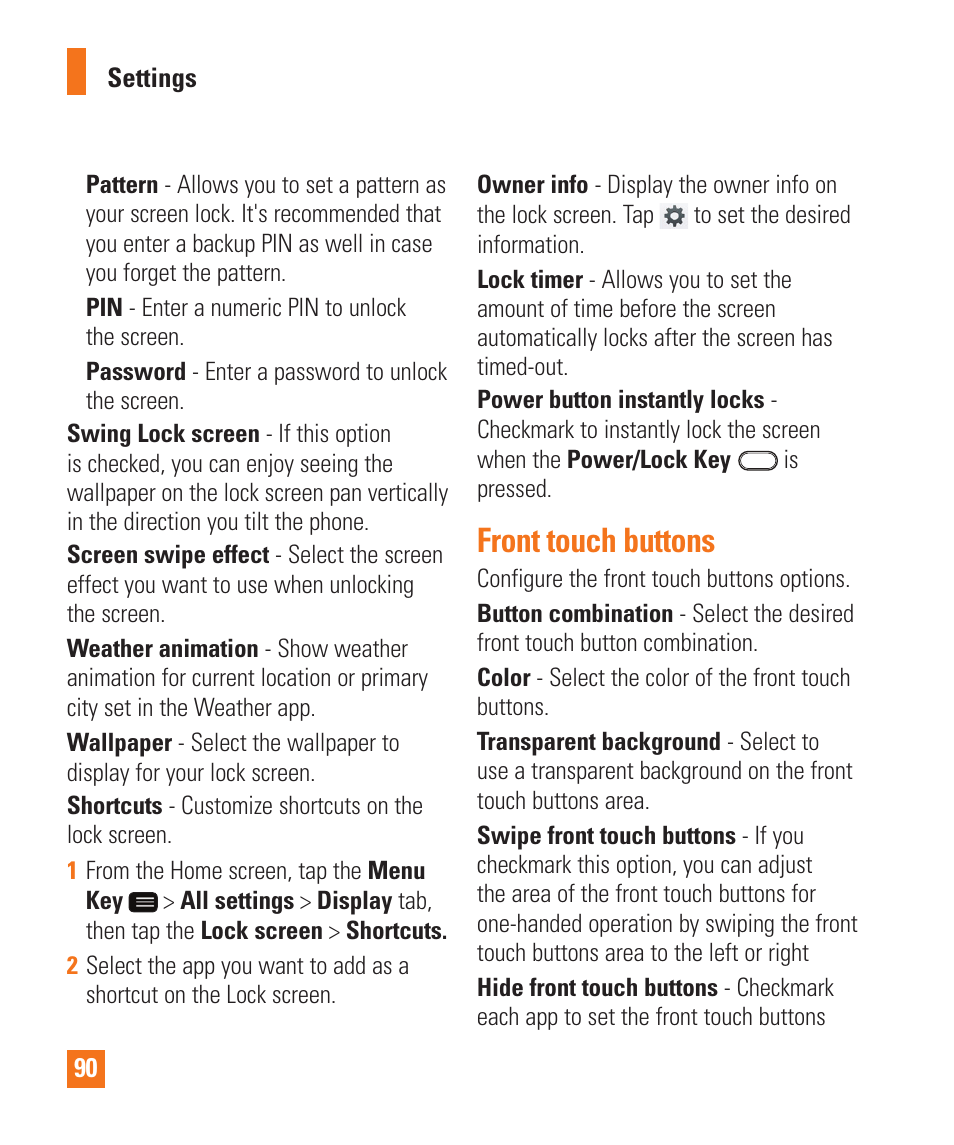 Front touch buttons | LG LGD950 User Manual | Page 90 / 136