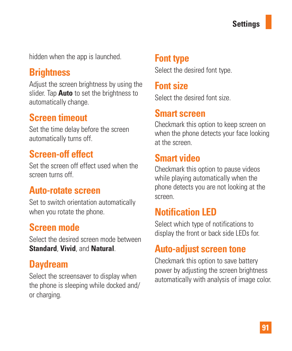 Brightness, Screen timeout, Screen-off effect | Auto-rotate screen, Screen mode, Daydream, Font type, Font size, Smart screen, Smart video | LG LGD950 User Manual | Page 91 / 136