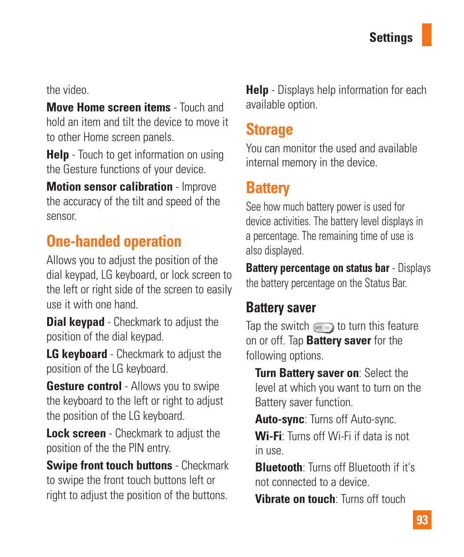 One-handed operation, Storage, Battery | One-handed operation storage battery, Battery saver | LG LGD950 User Manual | Page 93 / 136