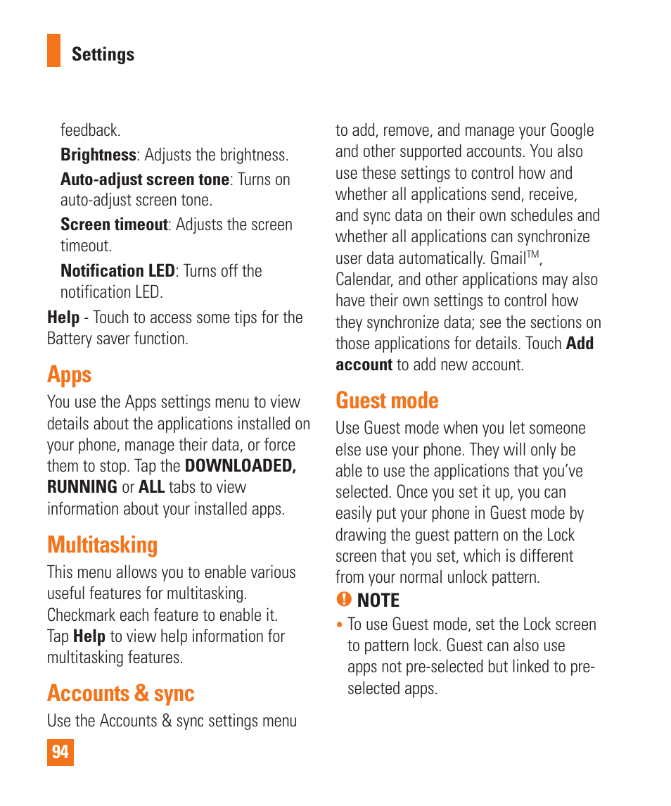 Apps, Multitasking, Accounts & sync | Guest mode, Apps multitasking accounts & sync guest mode | LG LGD950 User Manual | Page 94 / 136