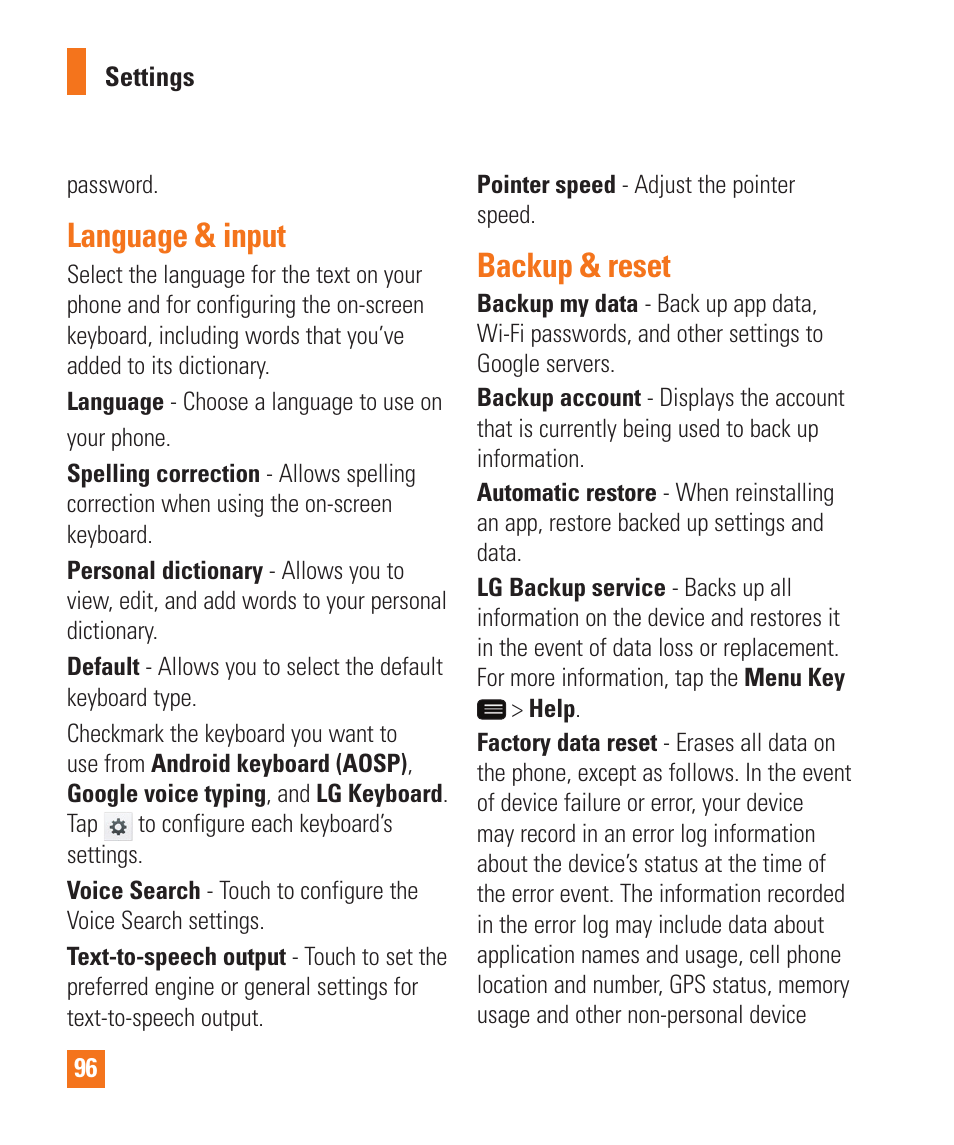 Language & input, Backup & reset, Language & input backup & reset | LG LGD950 User Manual | Page 96 / 136