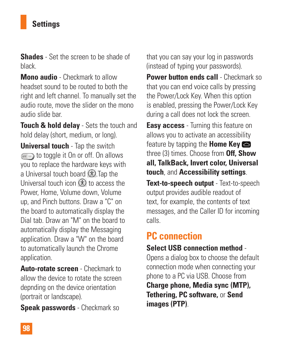 Pc connection | LG LGD950 User Manual | Page 98 / 136