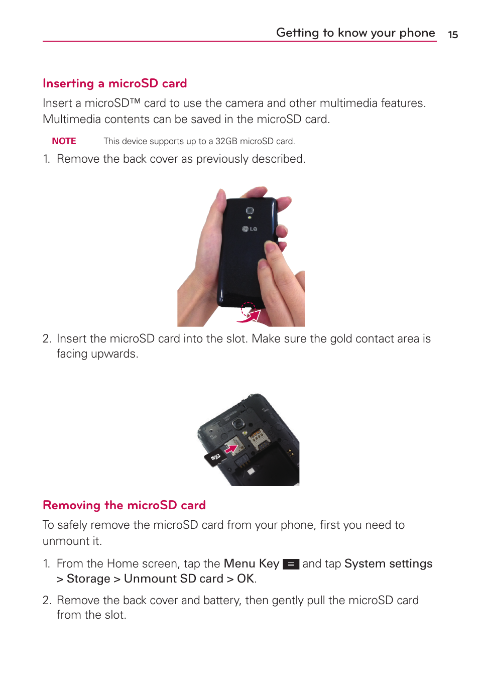 Removing the microsd card | LG LGMS500 User Manual | Page 17 / 120