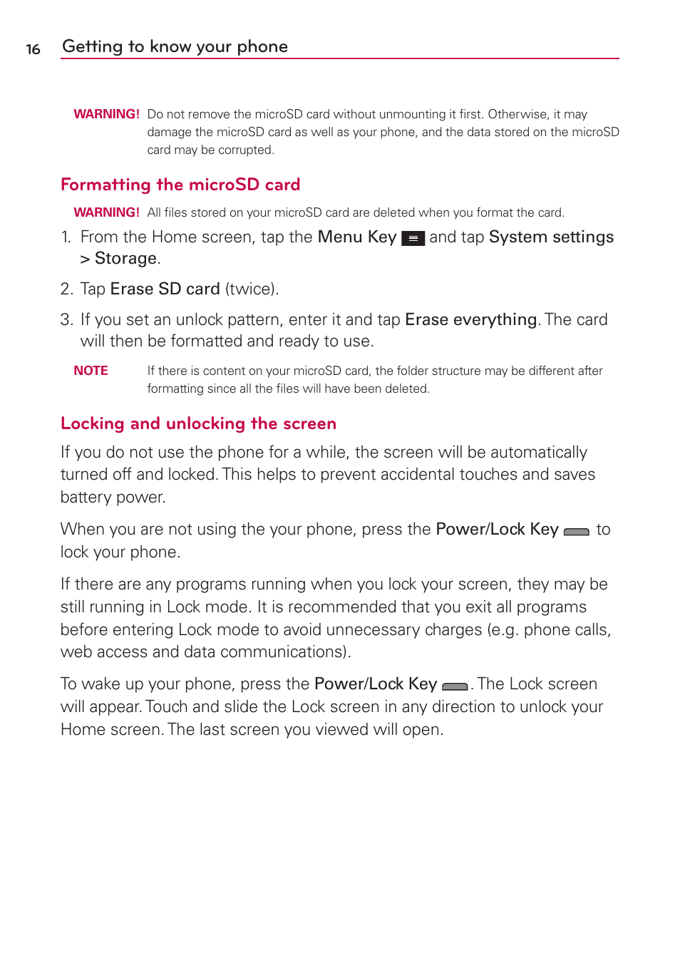 Getting to know your phone, Formatting the microsd card, Locking and unlocking the screen | LG LGMS500 User Manual | Page 18 / 120