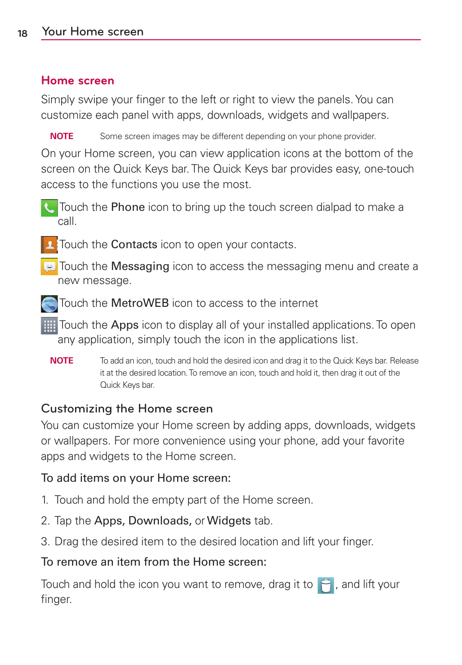 Your home screen home screen, Customizing the home screen | LG LGMS500 User Manual | Page 20 / 120