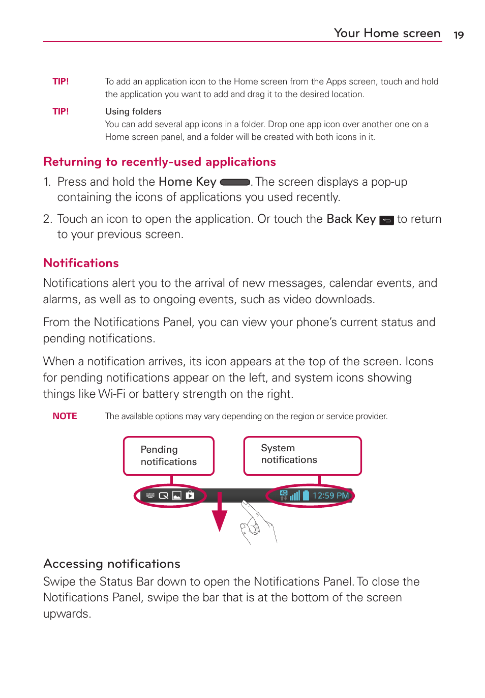 Your home screen, Returning to recently-used applications, Notifications | Accessing notifications | LG LGMS500 User Manual | Page 21 / 120