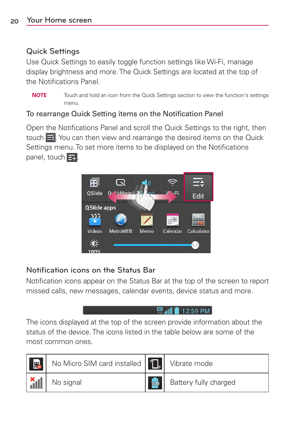 Your home screen quick settings, Notification icons on the status bar | LG LGMS500 User Manual | Page 22 / 120