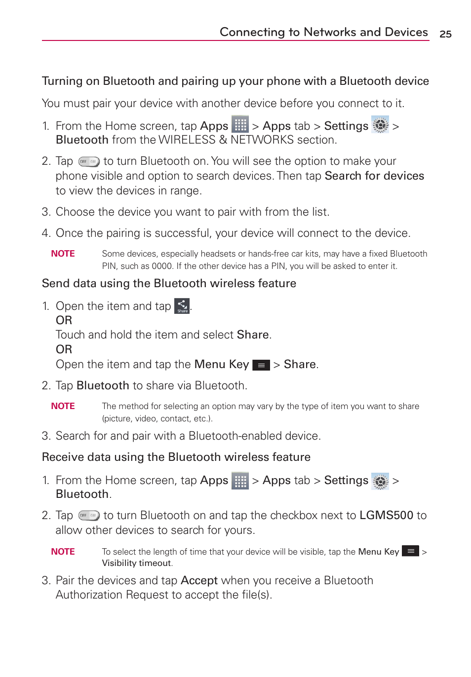 Connecting to networks and devices | LG LGMS500 User Manual | Page 27 / 120