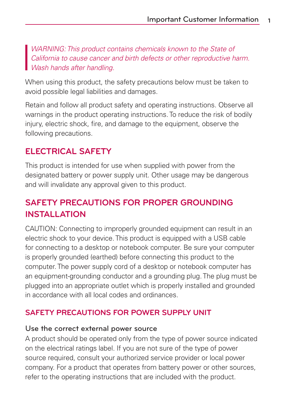 Important customer information, Electrical safety | LG LGMS500 User Manual | Page 3 / 120