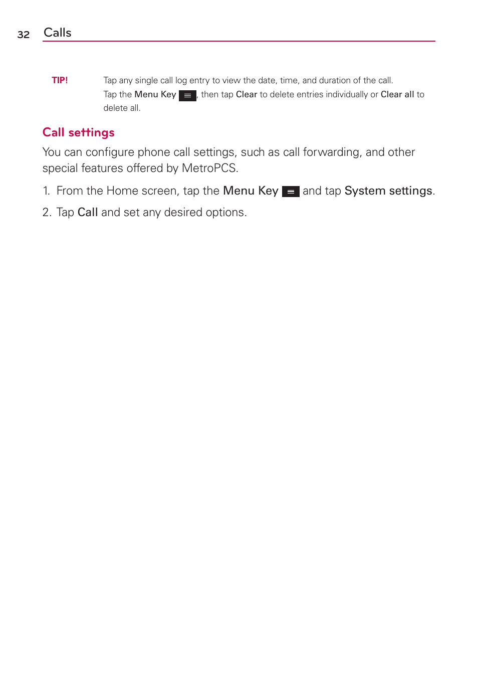 Calls, Call settings | LG LGMS500 User Manual | Page 34 / 120