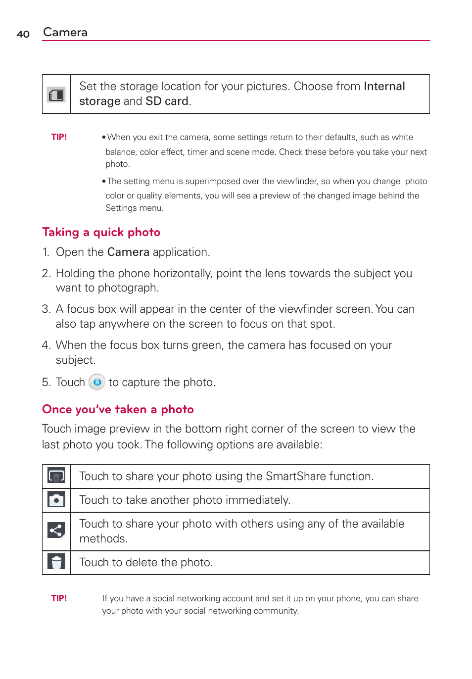 Camera, Taking a quick photo, Once you’ve taken a photo | LG LGMS500 User Manual | Page 42 / 120