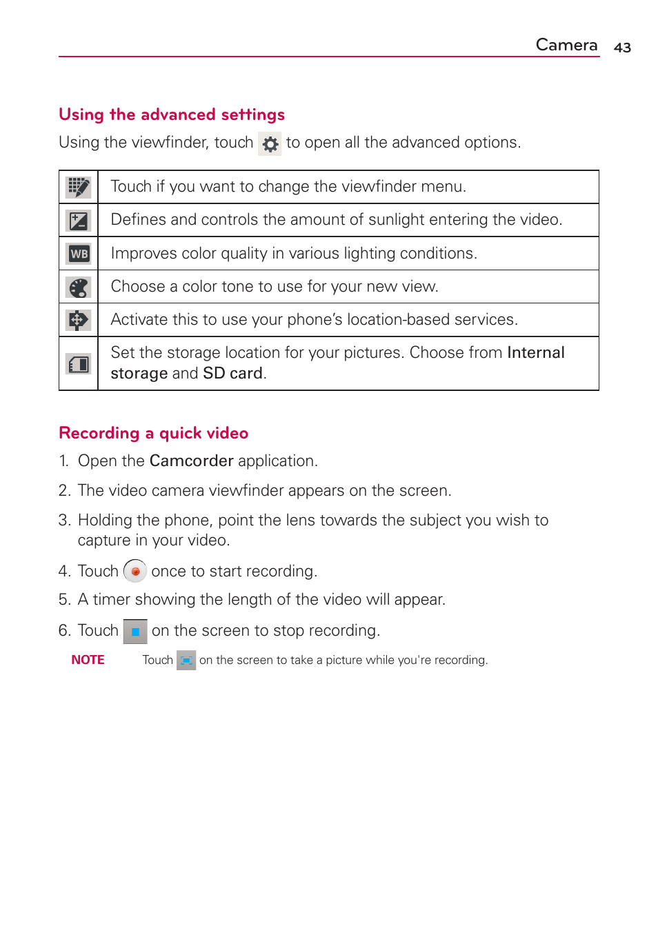 Camera using the advanced settings, Recording a quick video | LG LGMS500 User Manual | Page 45 / 120