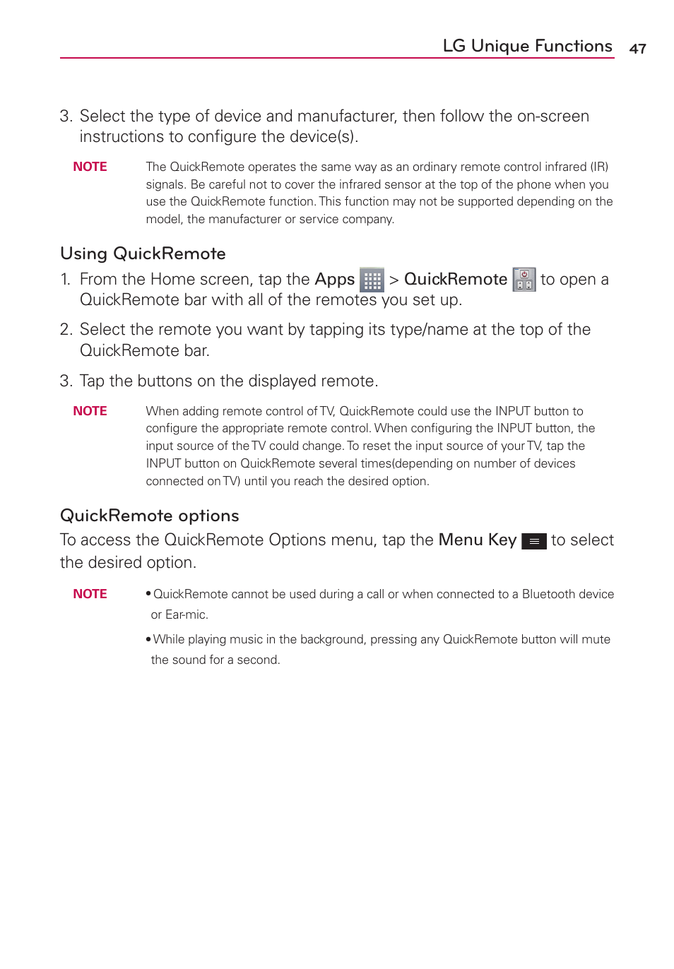 Lg unique functions, Using quickremote, Quickremote options | LG LGMS500 User Manual | Page 49 / 120