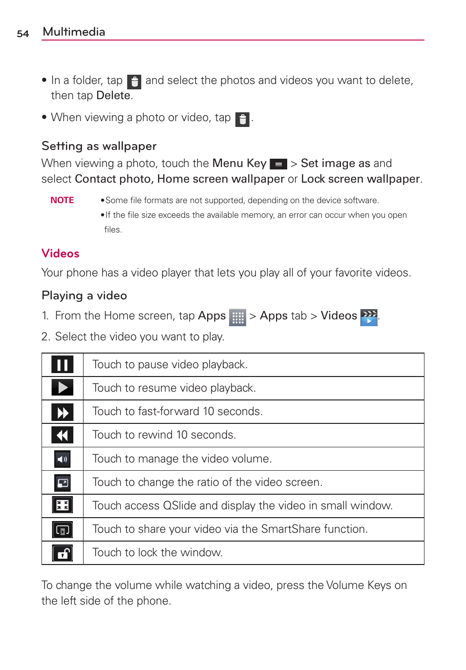 Multimedia, Setting as wallpaper, Videos | Playing a video | LG LGMS500 User Manual | Page 56 / 120