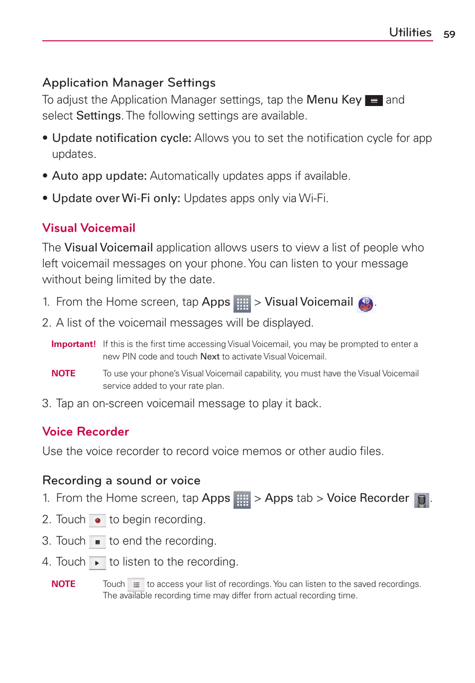 Utilities application manager settings, Visual voicemail, Voice recorder | Recording a sound or voice | LG LGMS500 User Manual | Page 61 / 120