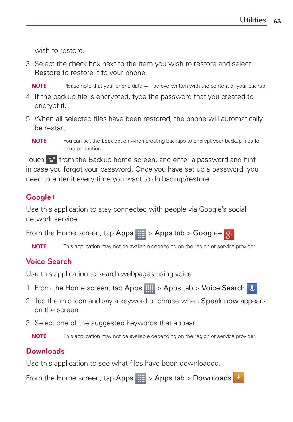 Utilities, Google, Voice search | Downloads | LG LGMS500 User Manual | Page 65 / 120