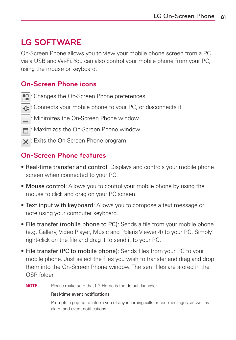 Lg on-screen phone, Lg software, On-screen phone icons | On-screen phone features | LG LGMS500 User Manual | Page 83 / 120