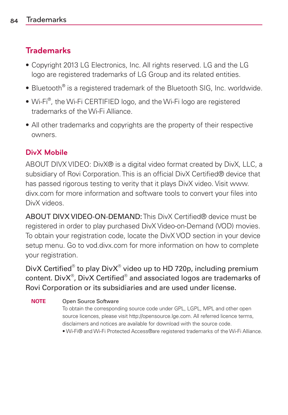 Trademarks, Divx mobile | LG LGMS500 User Manual | Page 86 / 120