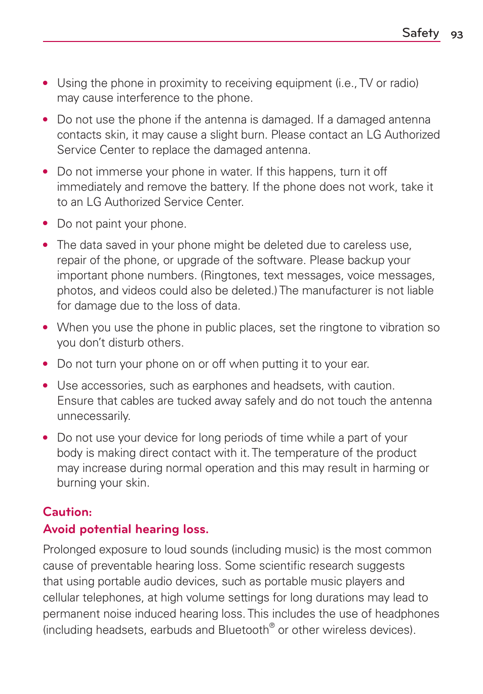 Safety, Caution: avoid potential hearing loss | LG LGMS500 User Manual | Page 95 / 120