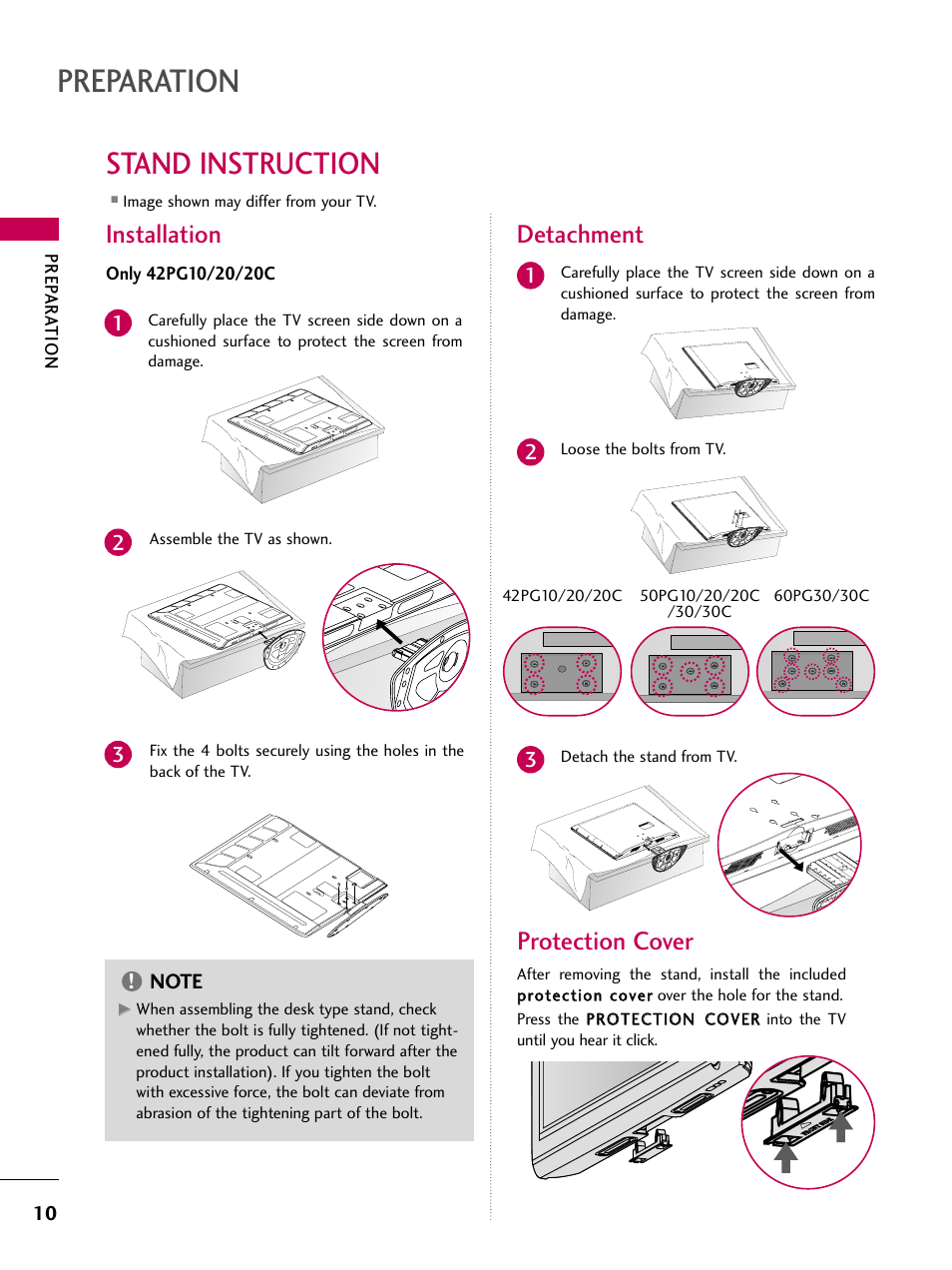 Stand instruction, Preparation, Protection cover | Installation detachment | LG 42PG20 User Manual | Page 12 / 100
