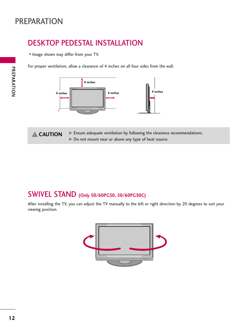 Desktop pedestal installation, Swivel stand, Preparation | Caution | LG 42PG20 User Manual | Page 14 / 100