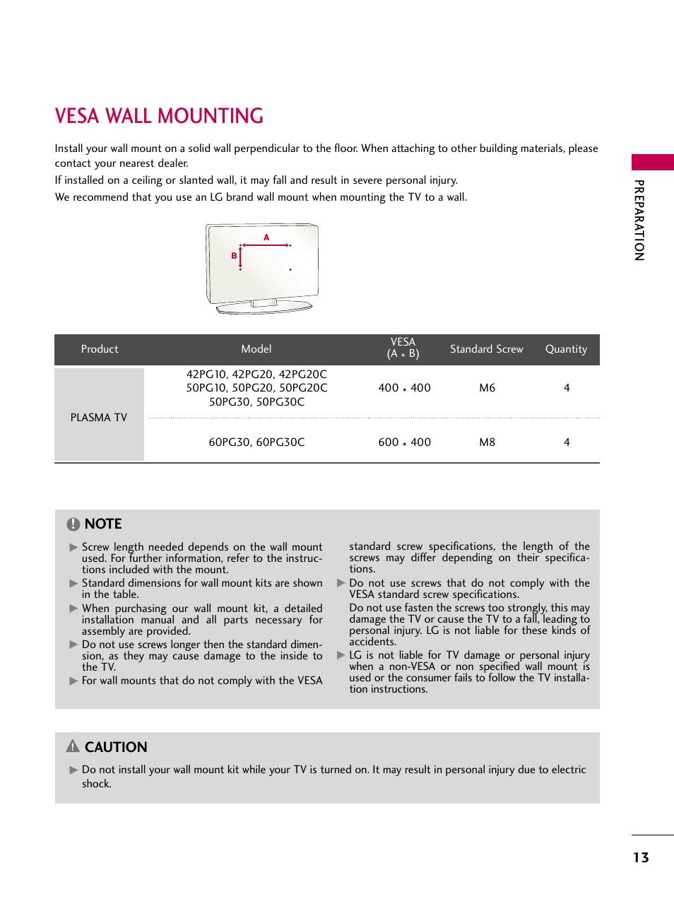 Vesa wall mounting, Caution, Prep ar at ion | LG 42PG20 User Manual | Page 15 / 100