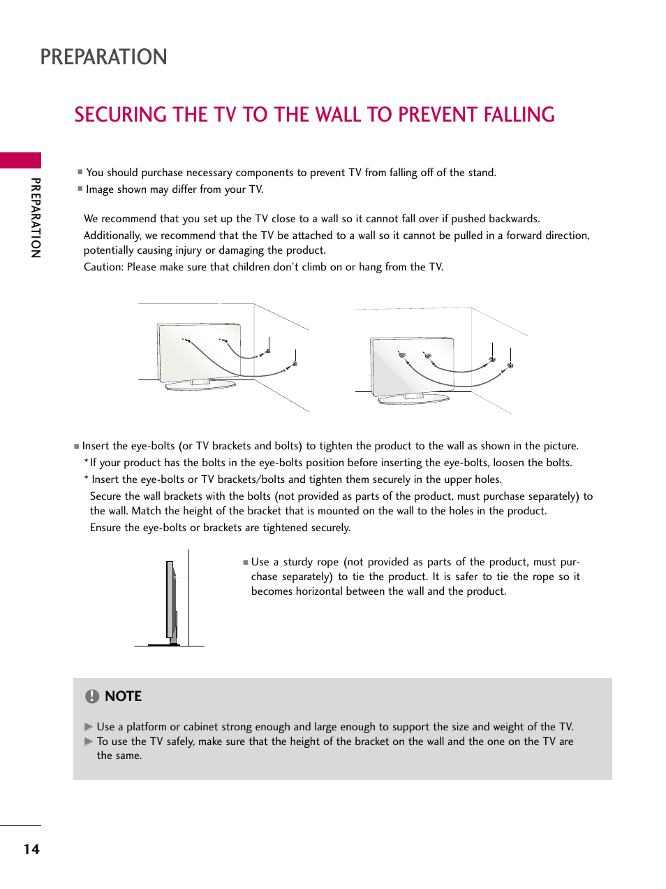 Securing the tv to the wall to prevent falling, Preparation | LG 42PG20 User Manual | Page 16 / 100