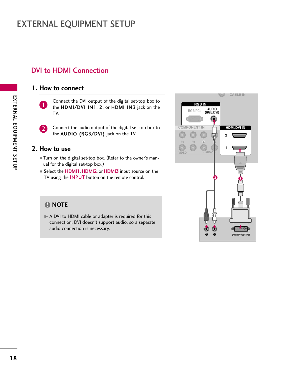 Dvi to hdmi connection, External equipment setup, How to connect 2. how to use | External eq uipment setup | LG 42PG20 User Manual | Page 20 / 100