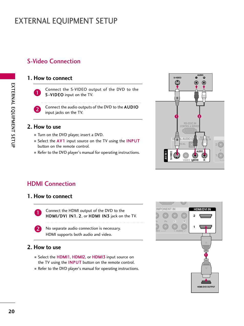 S-video connection, Hdmi connection, External equipment setup | S-video connection hdmi connection, How to connect 2. how to use, External eq uipment setup | LG 42PG20 User Manual | Page 22 / 100