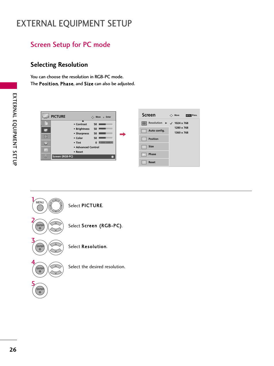 Screen setup for pc mode, External equipment setup, Selecting resolution | External eq uipment setup | LG 42PG20 User Manual | Page 28 / 100