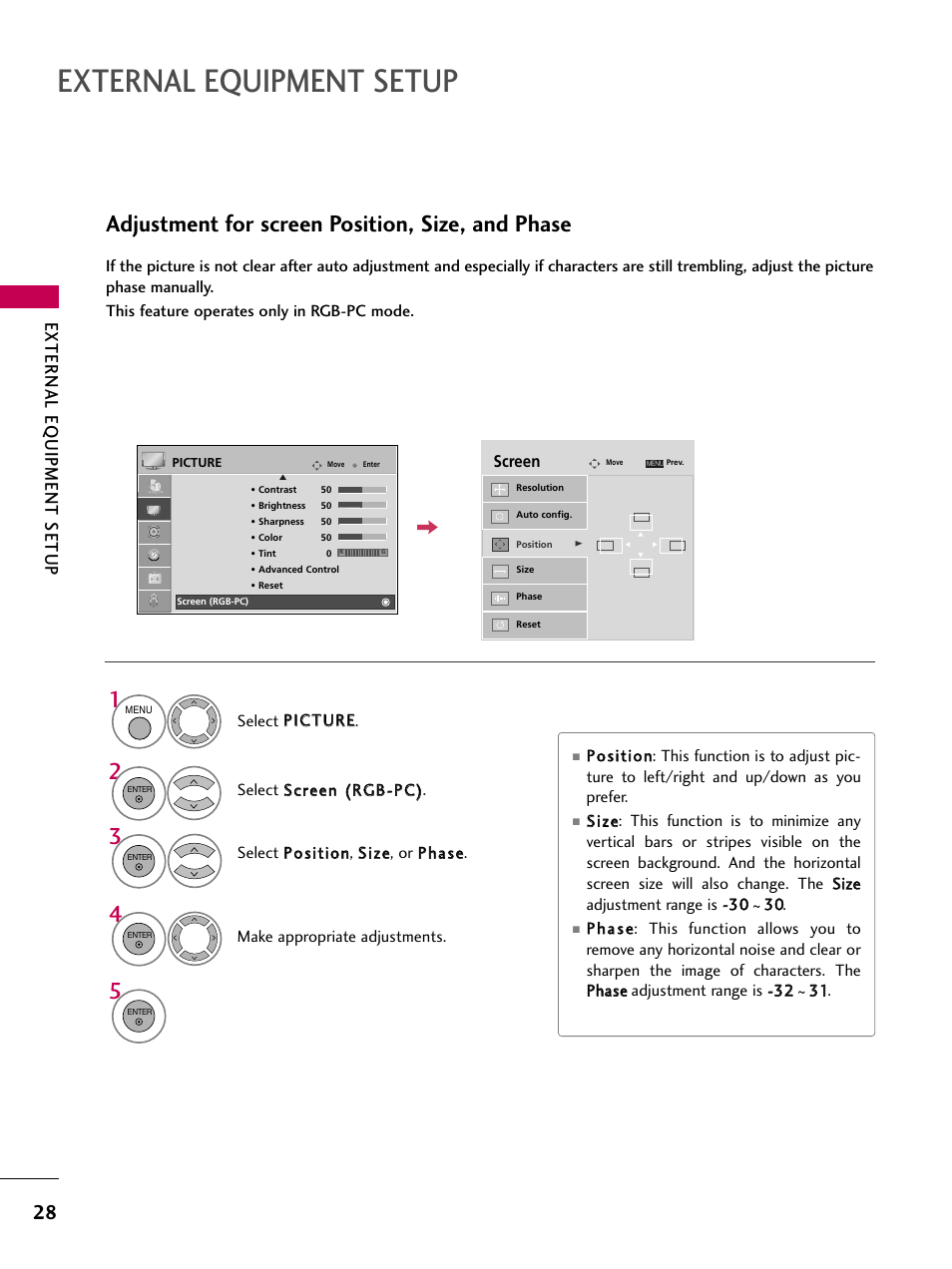 External equipment setup, Adjustment for screen position, size, and phase, External eq uipment setup | LG 42PG20 User Manual | Page 30 / 100