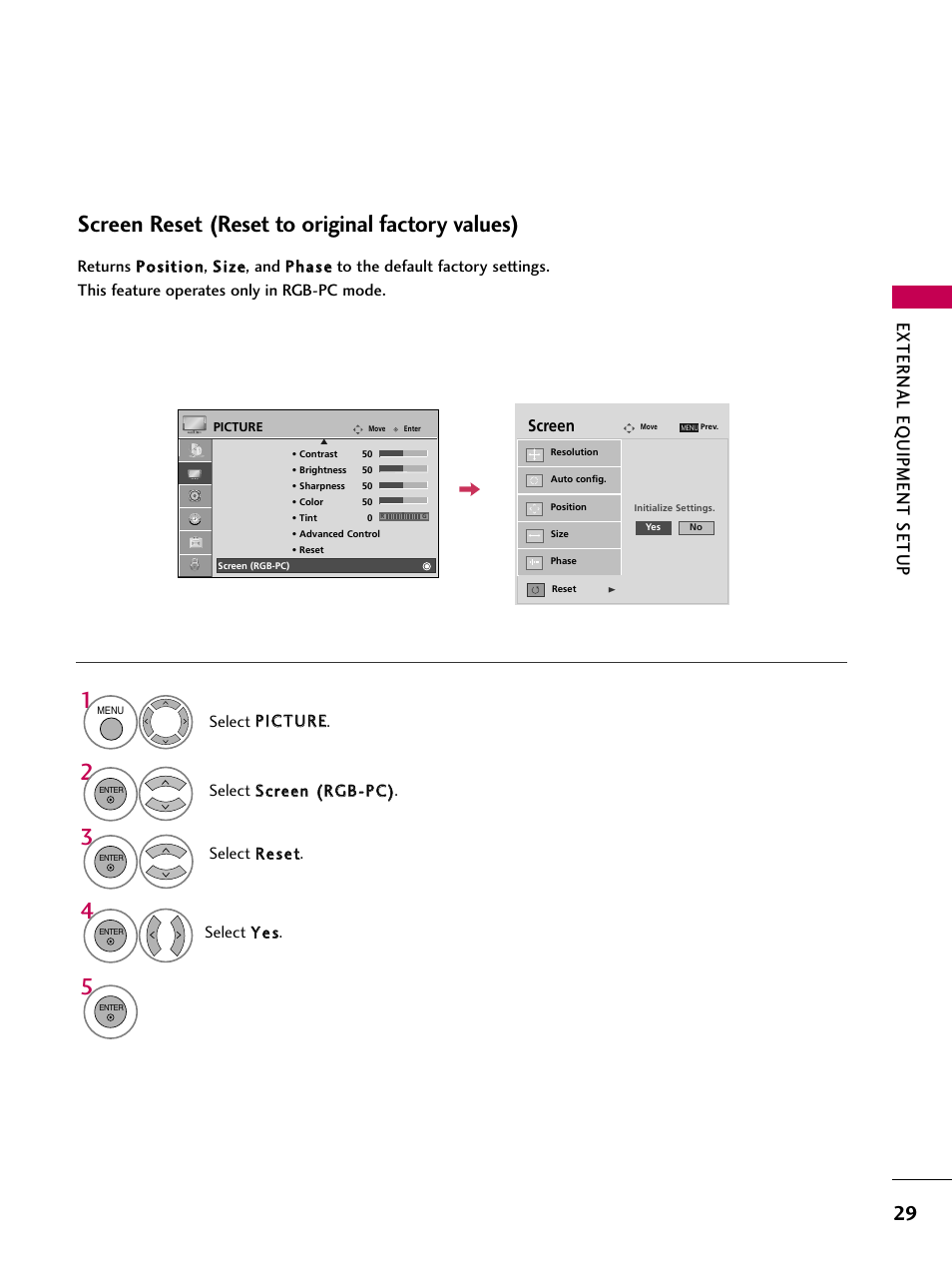 Screen reset (reset to original factory values), External eq uipment setup | LG 42PG20 User Manual | Page 31 / 100