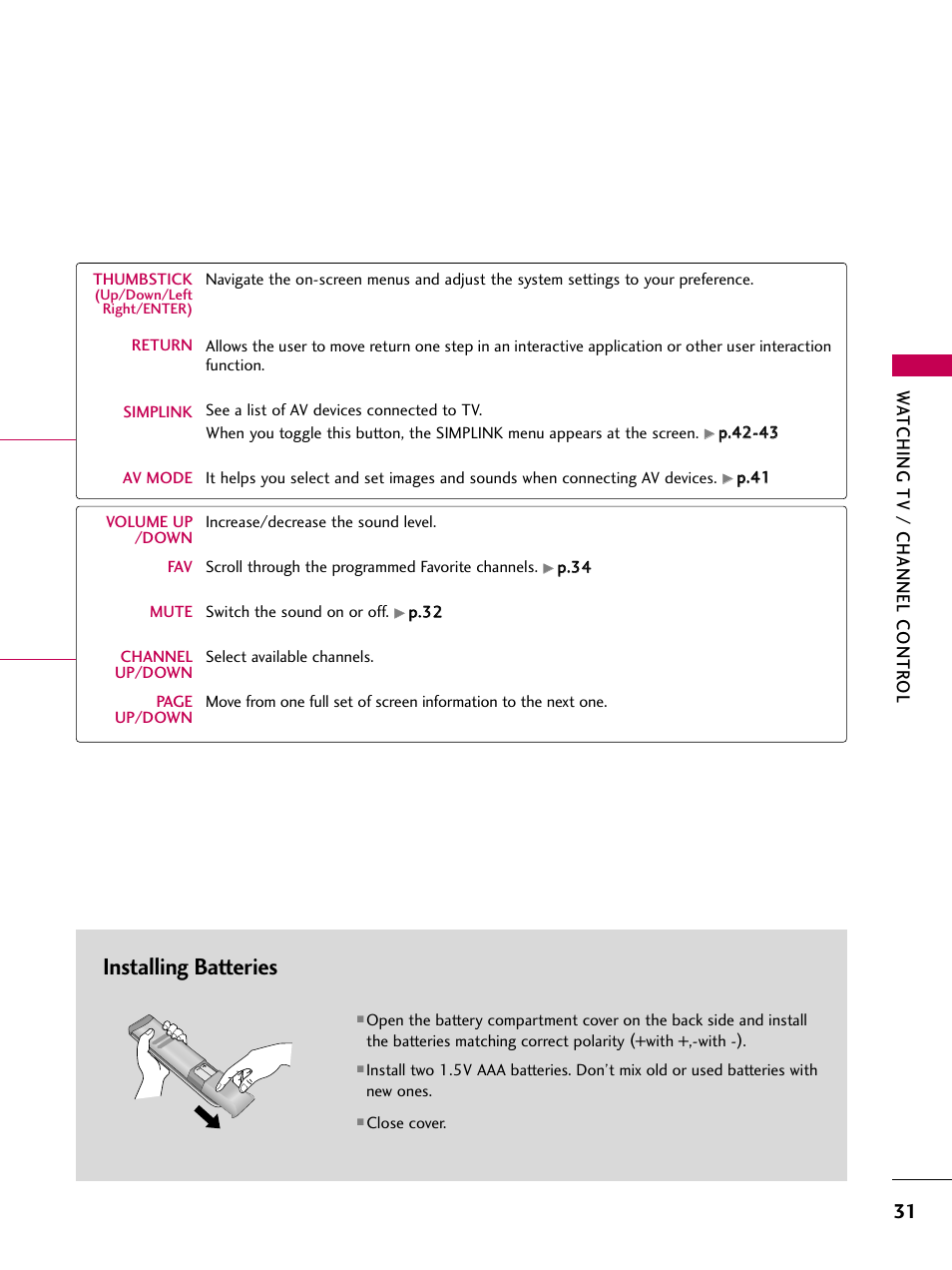 Installing batteries, Watching tv / channel contr ol | LG 42PG20 User Manual | Page 33 / 100