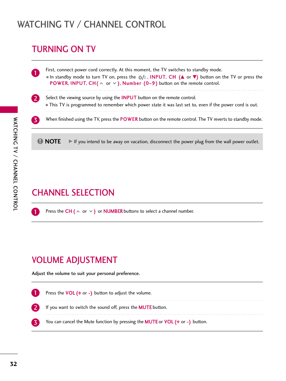 Turning on tv, Channel selection, Volume adjustment | Watching tv / channel control, Volume adjustment channel selection | LG 42PG20 User Manual | Page 34 / 100
