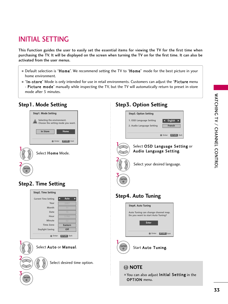 Initial setting, Step1. mode setting step2. time setting, Step3. option setting step4. auto tuning | Watching tv / channel contr ol | LG 42PG20 User Manual | Page 35 / 100