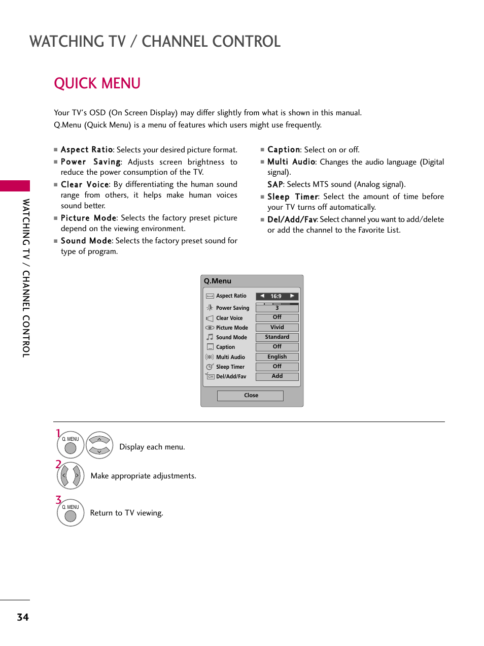 Quick menu, Watching tv / channel control, Watching tv / channel contr ol | LG 42PG20 User Manual | Page 36 / 100