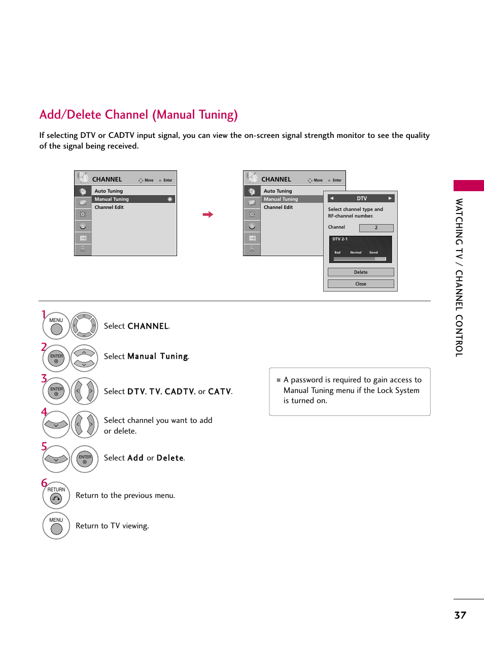 Add/delete channel (manual tuning), Watching tv / channel contr ol | LG 42PG20 User Manual | Page 39 / 100