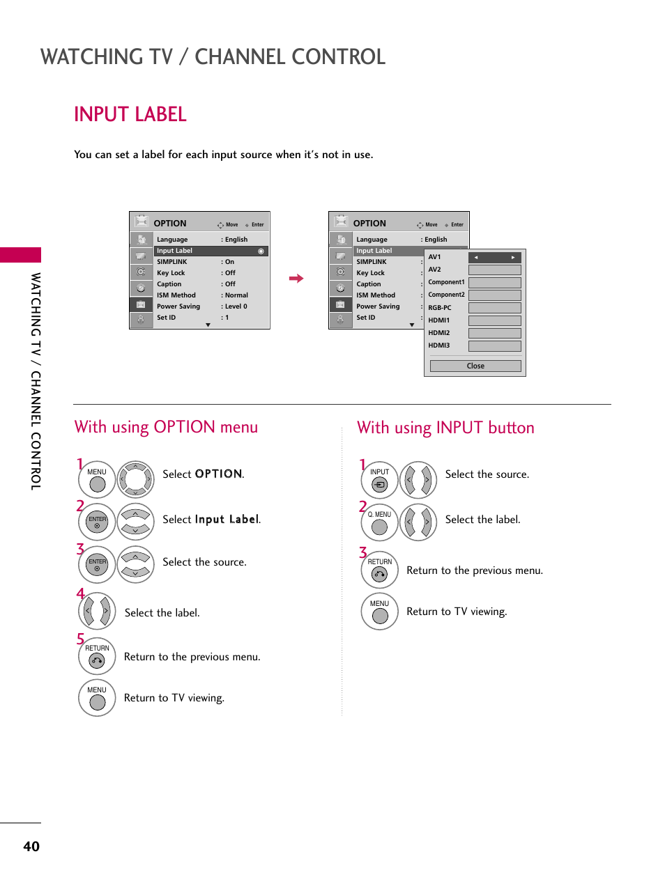 Input label, Watching tv / channel control, With using option menu | With using input button, Watching tv / channel contr ol | LG 42PG20 User Manual | Page 42 / 100