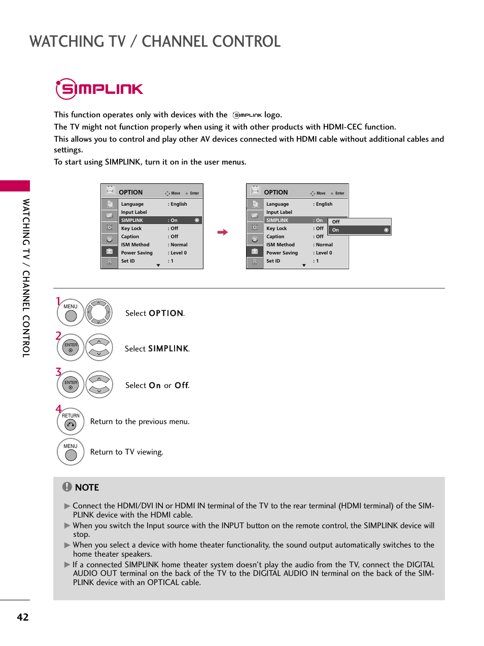 Simplink, Watching tv / channel control, Watching tv / channel contr ol | LG 42PG20 User Manual | Page 44 / 100