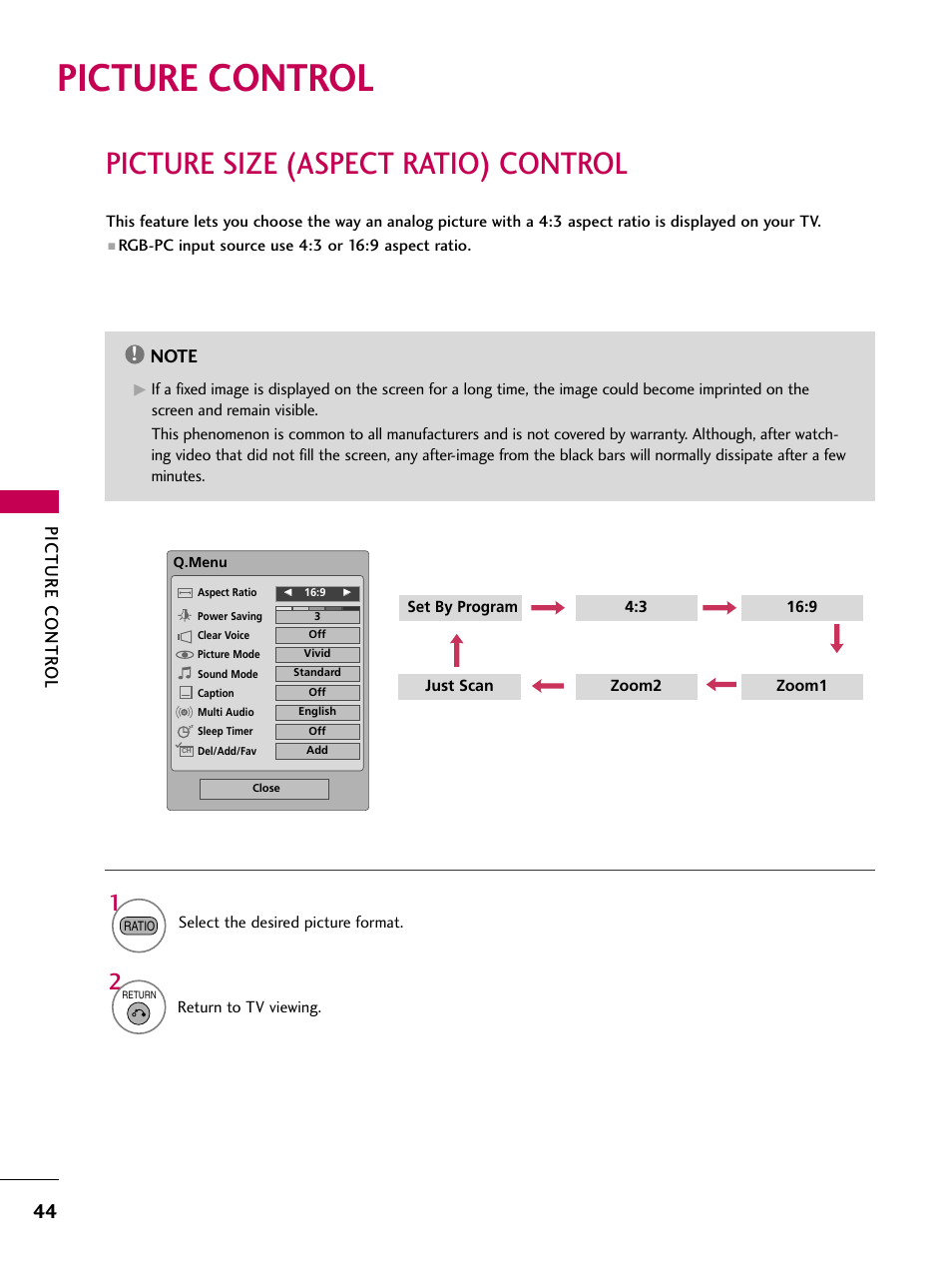 Picture control, Picture size (aspect ratio) control, Picture contr ol | LG 42PG20 User Manual | Page 46 / 100