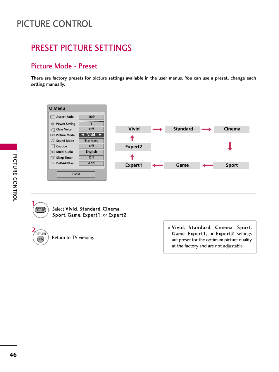 Preset picture settings, Picture mode - preset, Picture control | Picture contr ol | LG 42PG20 User Manual | Page 48 / 100