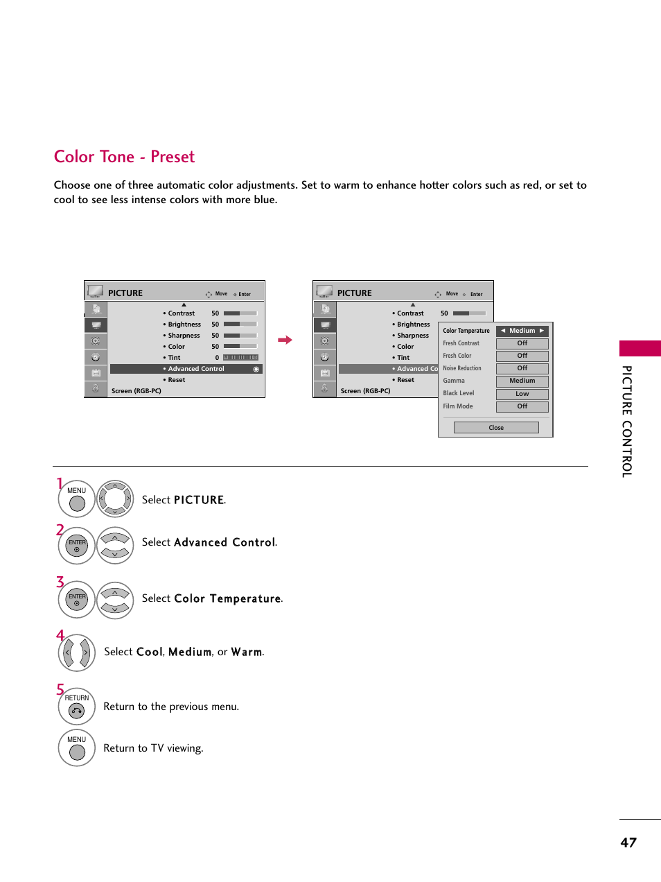 Color tone - preset, Picture contr ol, Select c co oo oll, m meed diiuum m, or w waarrm m | Select a ad dvvaanncceed d c co onnttrro oll, Return to the previous menu, Return to tv viewing | LG 42PG20 User Manual | Page 49 / 100