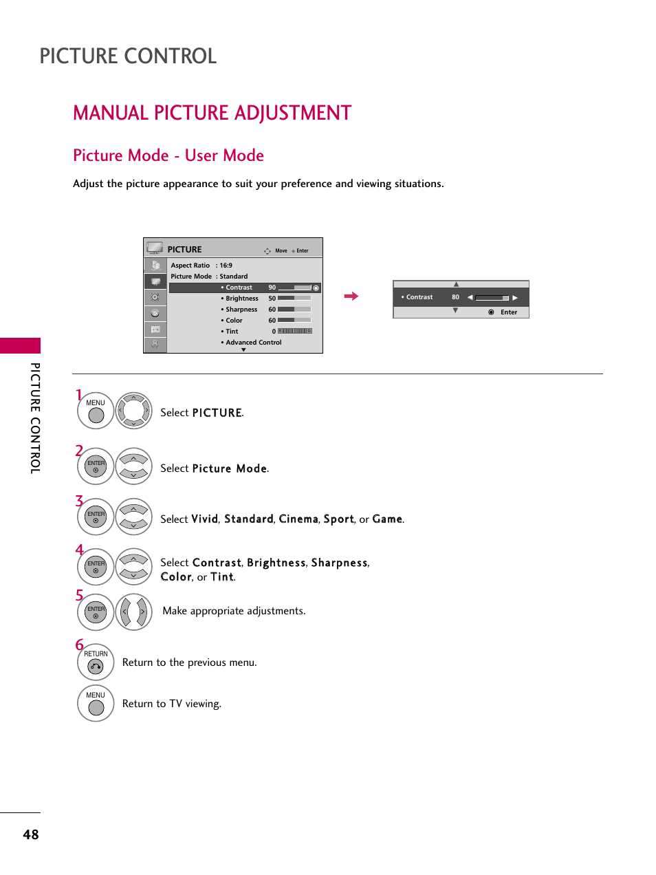 Manual picture adjustment, Picture mode - user mode, Picture control | Picture contr ol | LG 42PG20 User Manual | Page 50 / 100
