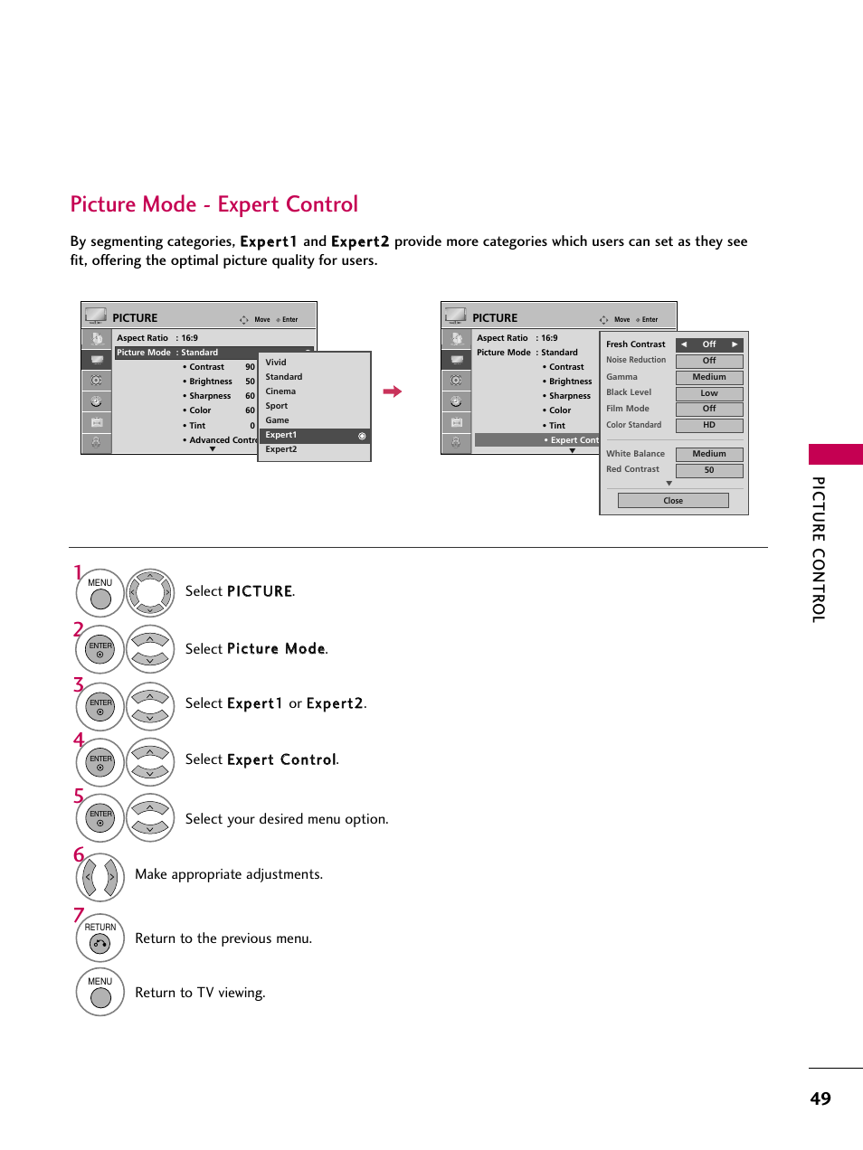 Picture mode - expert control, Picture contr ol, Make appropriate adjustments | Return to the previous menu, Return to tv viewing | LG 42PG20 User Manual | Page 51 / 100