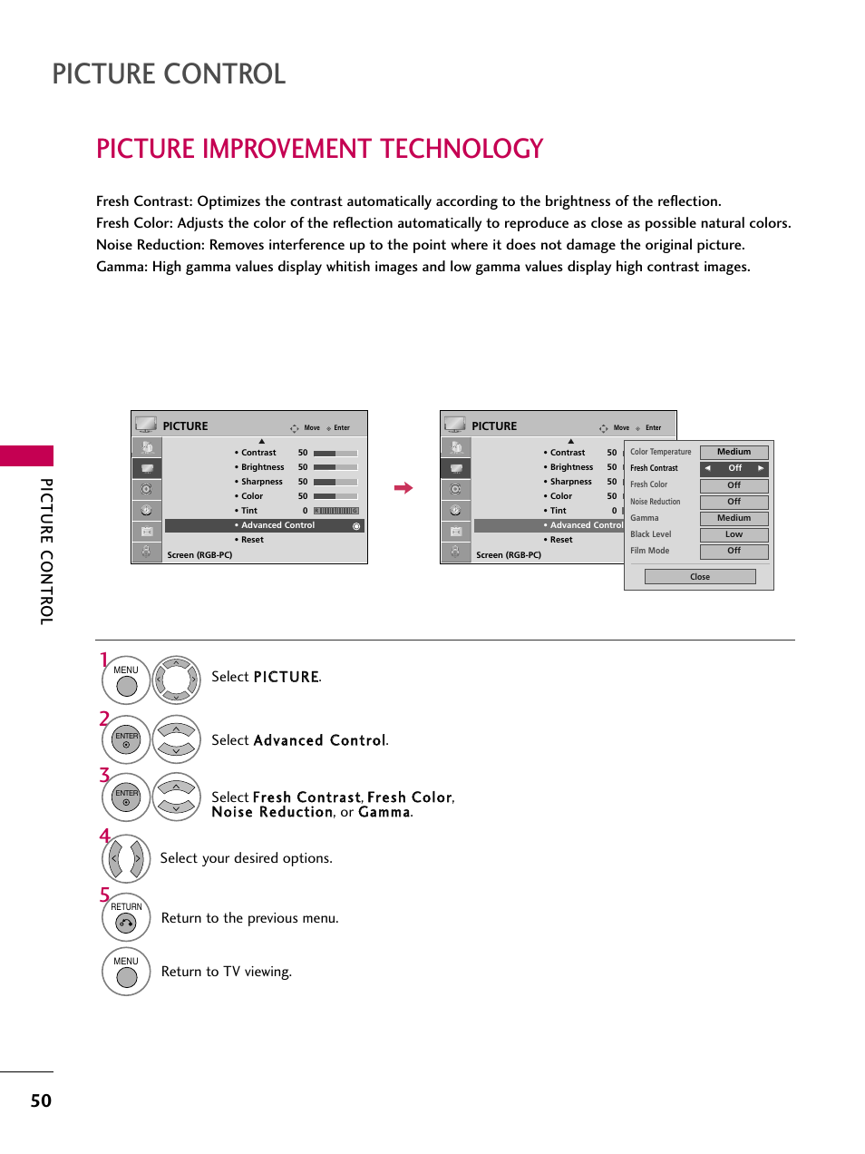 Picture improvement technology, Picture control, Picture contr ol | Return to the previous menu, Return to tv viewing. select your desired options | LG 42PG20 User Manual | Page 52 / 100