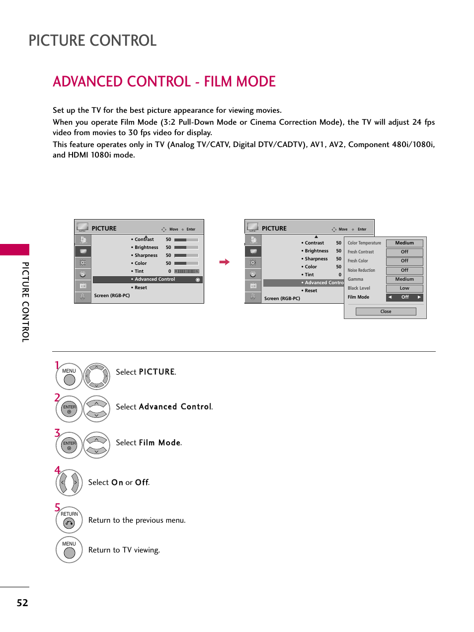 Advanced control - film mode, Picture control, Picture contr ol | Select o o nn or o o ff ff, Return to the previous menu, Return to tv viewing | LG 42PG20 User Manual | Page 54 / 100